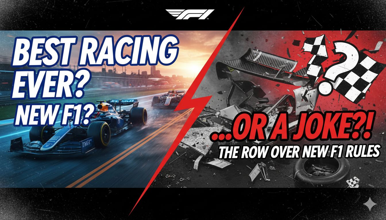 Dramatic split image showing a 2026 Formula 1 car in action with active aero wings adjusting on a straight versus a frustrated Max Verstappen gesturing during a post-race interview