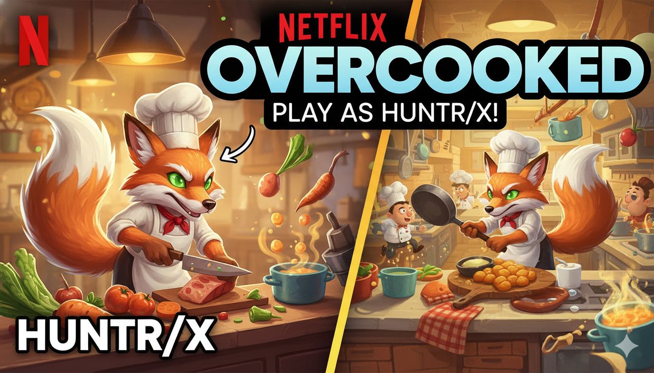 Netflix Overcooked! All You Can Eat game screenshot showing Huntr/x characters from KPop Demon Hunters as chefs in a chaotic kitchen