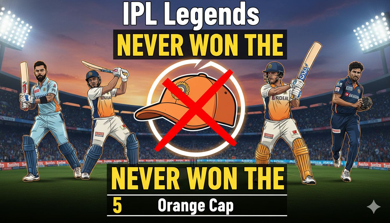 Five IPL batting legends who never won the Orange Cap: Suresh Raina, Rohit Sharma, Gautam Gambhir, AB de Villiers, and MS Dhoni in action poses
