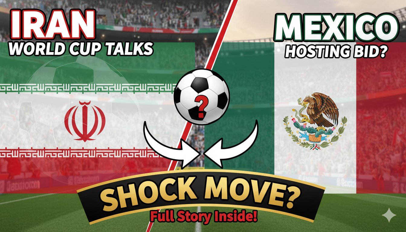 Iranian national football team players in action during a match, with Estadio Azteca stadium in Mexico City visible in the background as a symbolic representation of potential venue shift discussions.