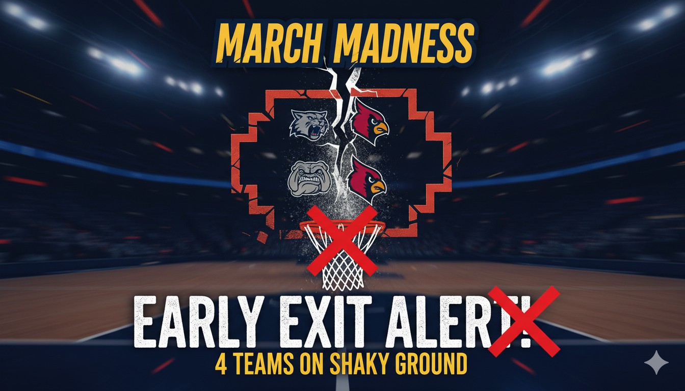 College basketball players competing intensely during March Madness NCAA tournament game with crowd in background