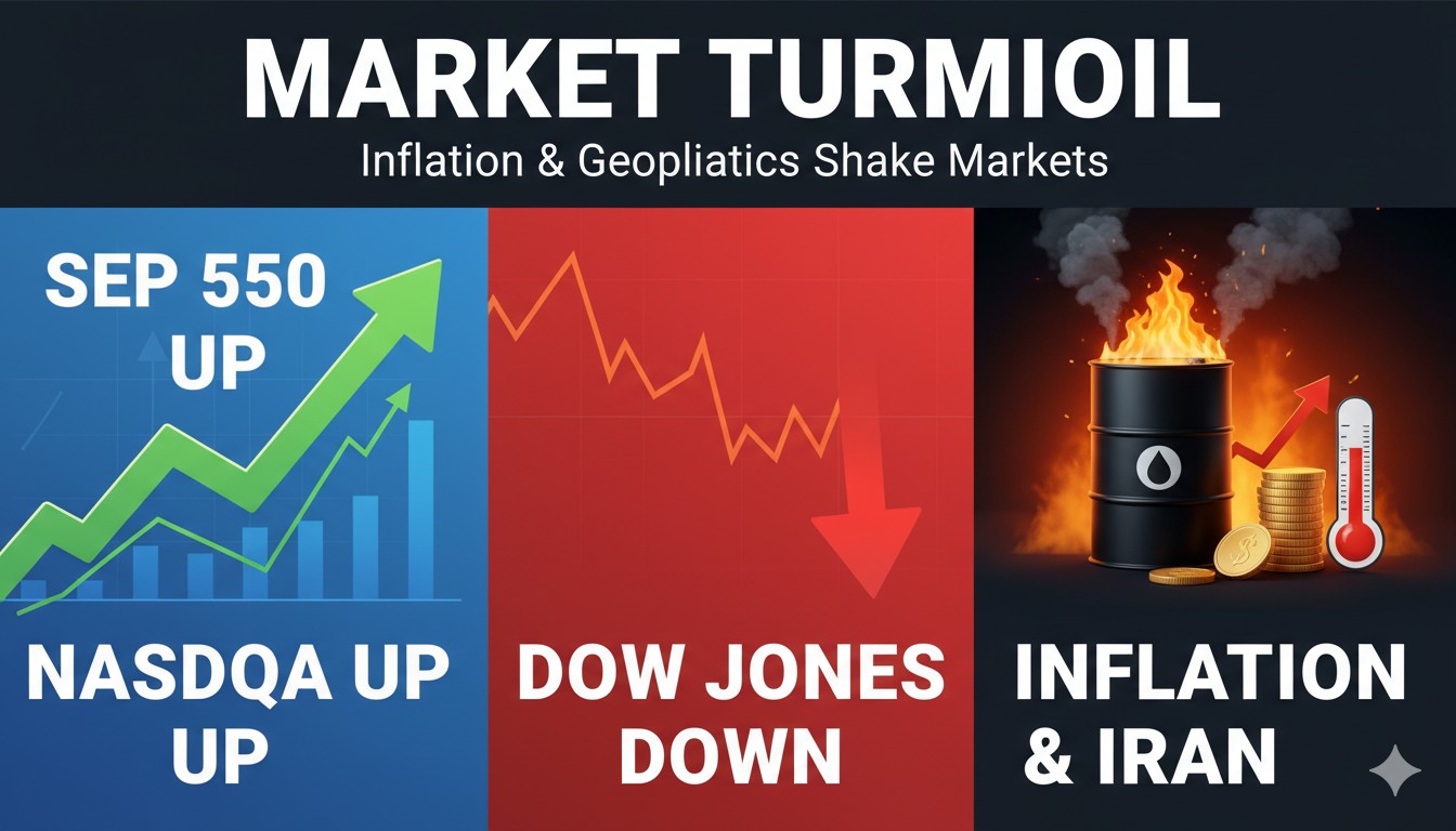 U.S. stock market indices charts showing S&P 500 and Nasdaq gains with Dow decline amid inflation report and Iran tensions