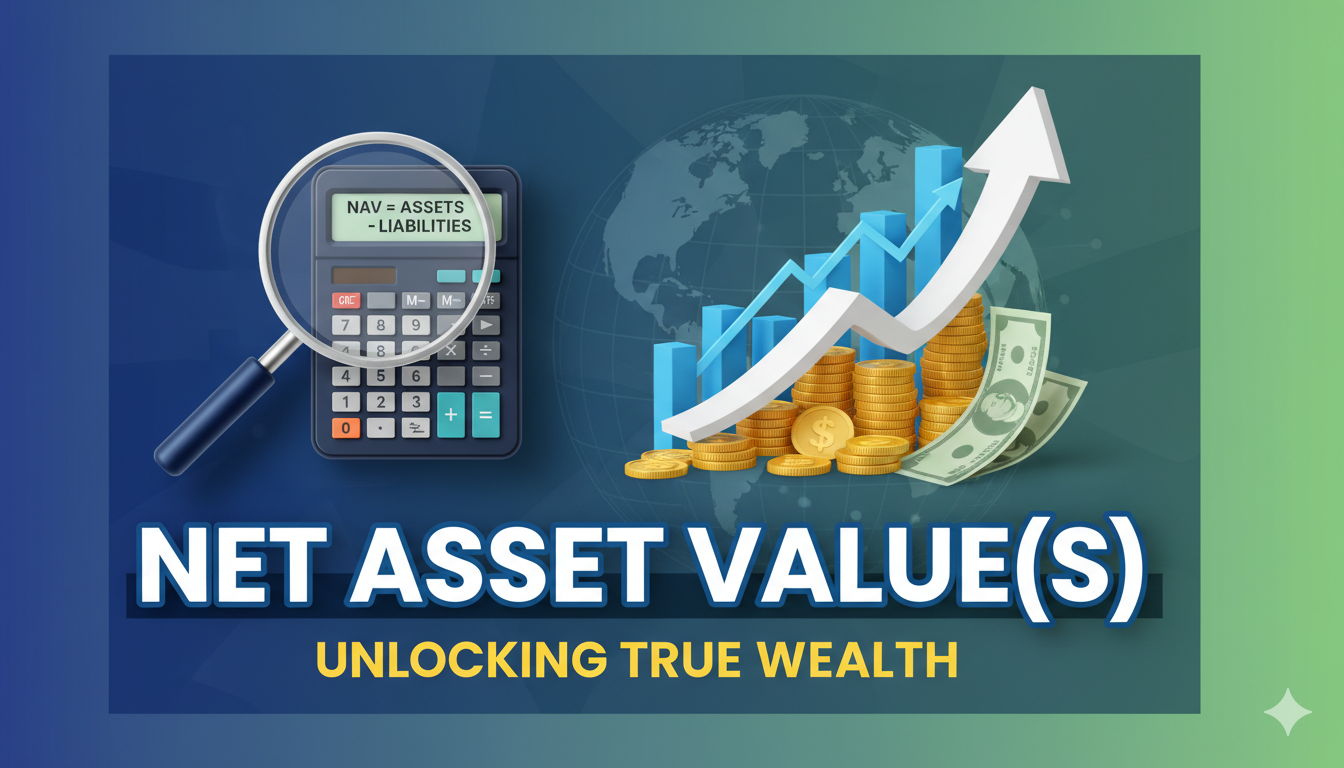 Illustration of a financial calculator displaying Net Asset Value (NAV) formula with fund assets, liabilities, and shares outstanding.
