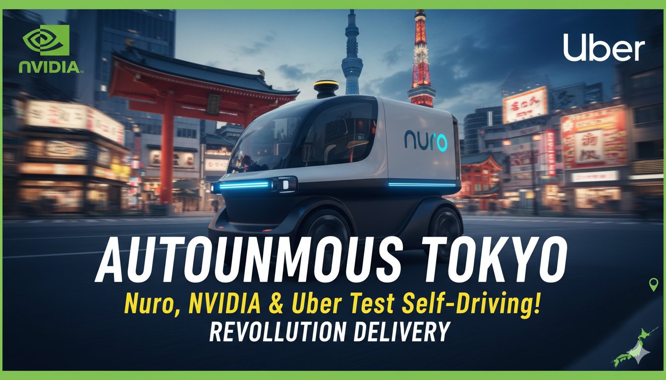 Nuro autonomous Toyota Prius test vehicle navigating busy Tokyo street with safety operator