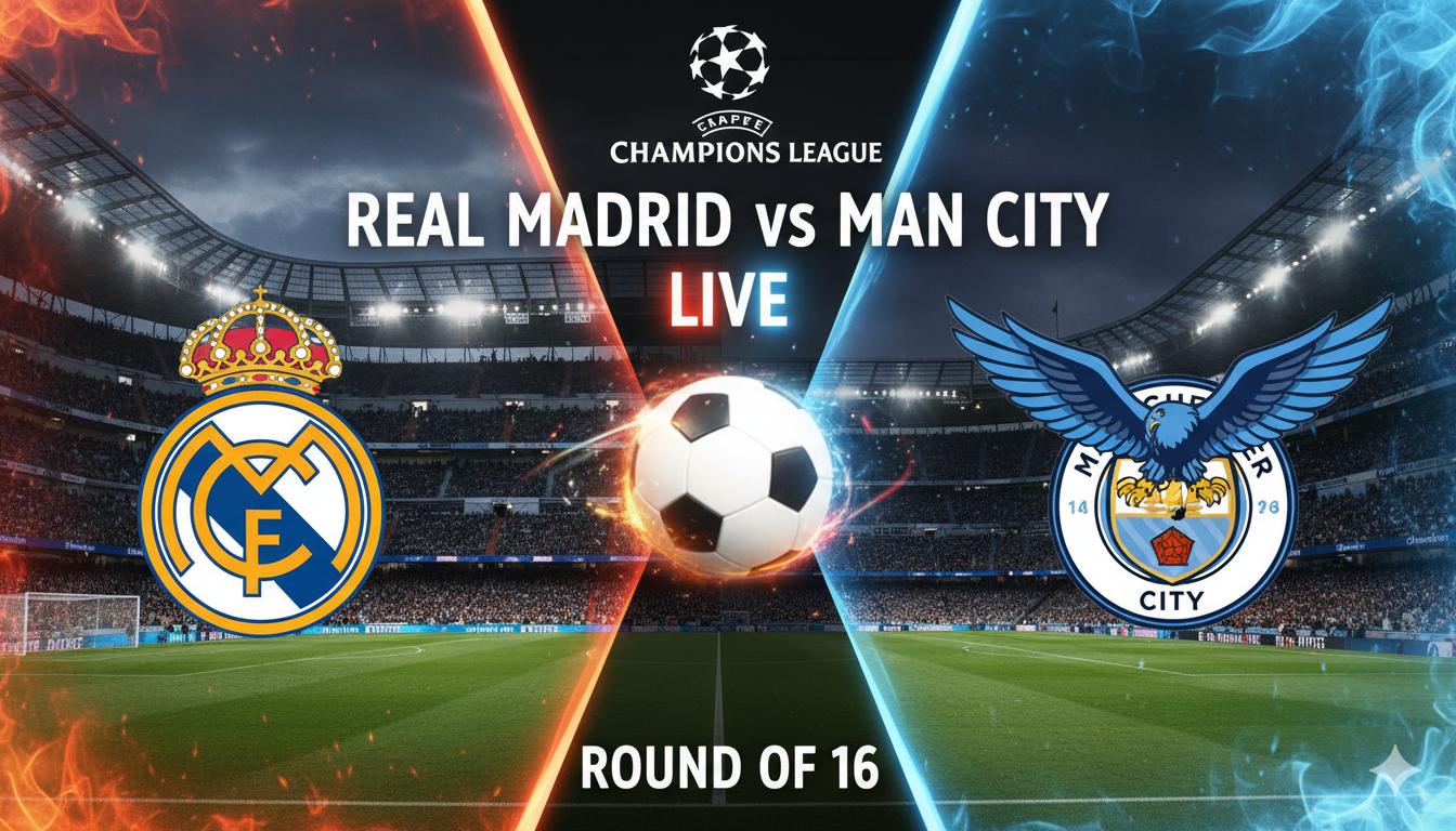 Real Madrid players in white kits facing Manchester City in blue at the Santiago Bernabéu during Champions League round of 16 match