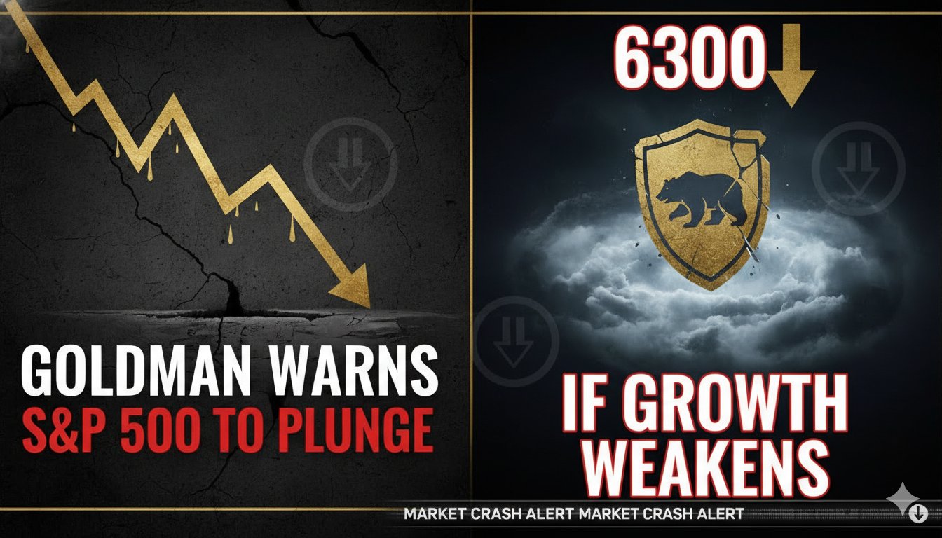Chart showing S&P 500 index level with downward arrow indicating potential decline to 6300 amid growth concerns