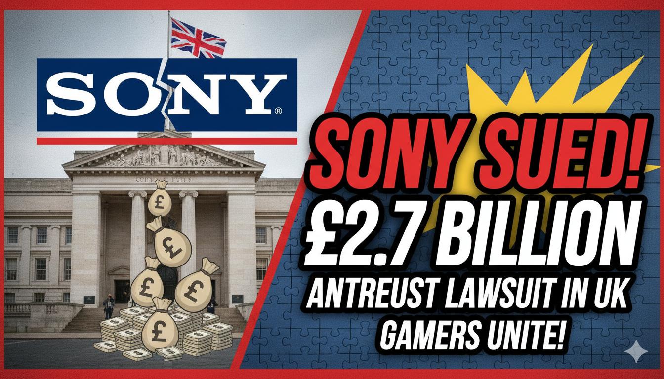 Sony PlayStation logo with UK flag and gavel symbolizing antitrust lawsuit over digital pricing