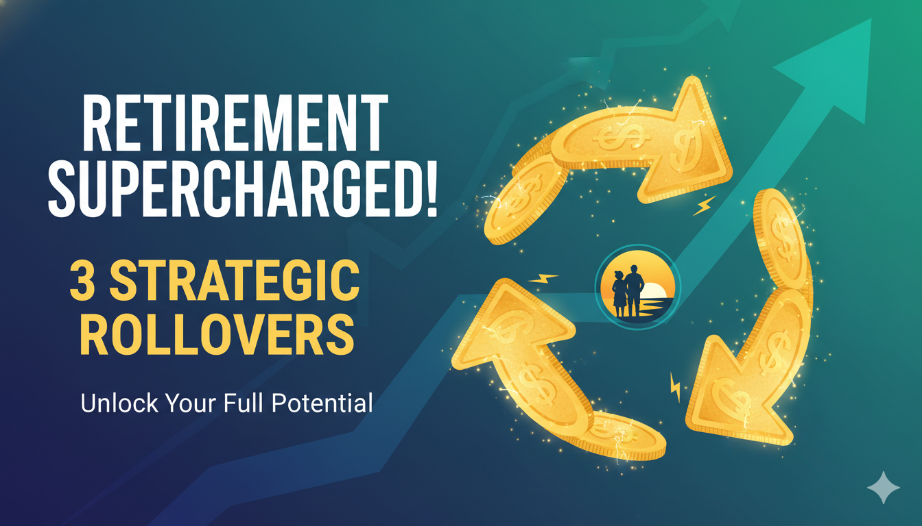 Illustration of three strategic pathways leading to a stronger retirement savings portfolio with rollover arrows from 401k to IRA and Roth accounts