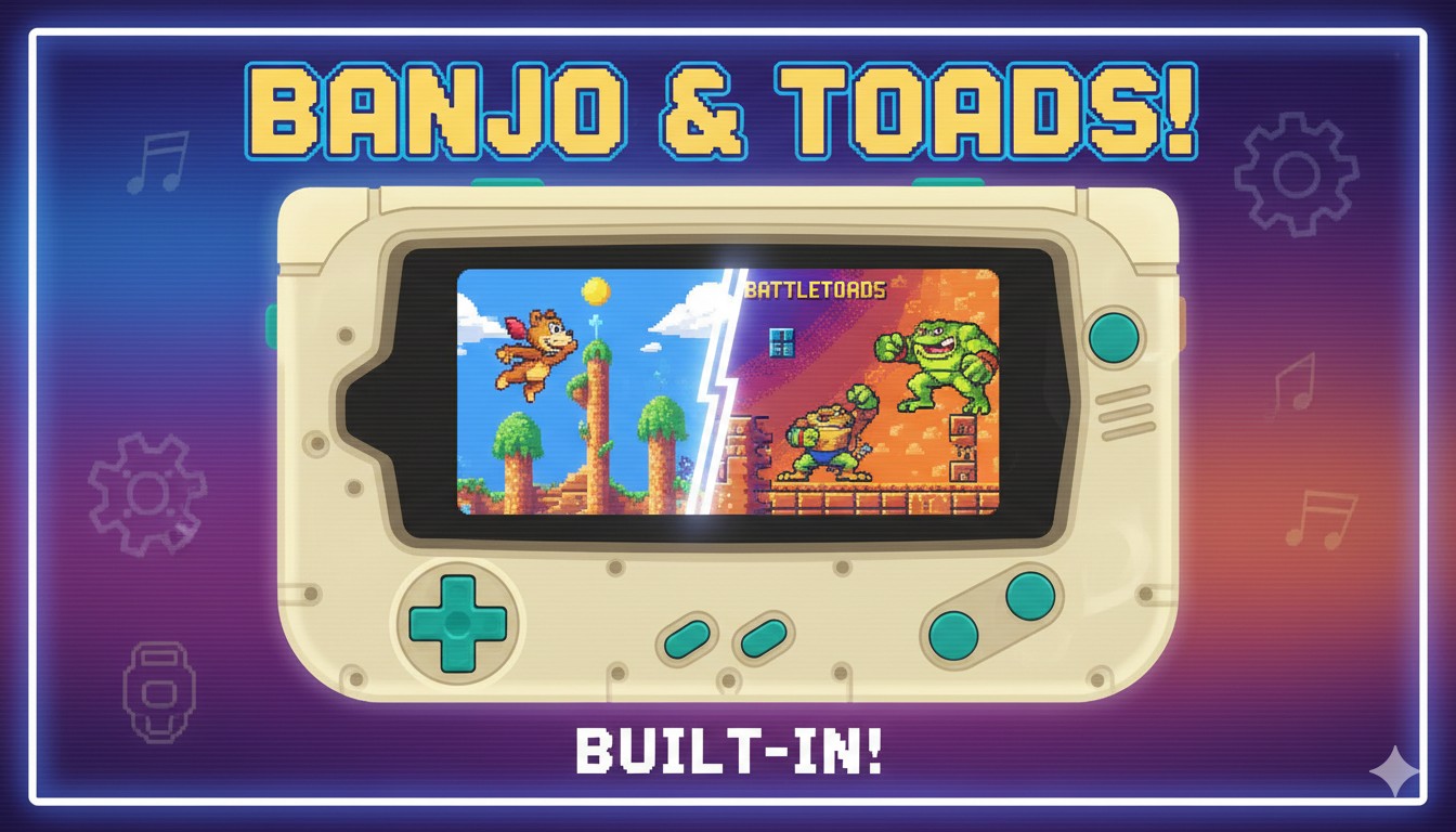 HyperMegaTech Super Pocket Rare Edition handheld console in vertical orientation with Banjo-Kazooie and Battletoads branding