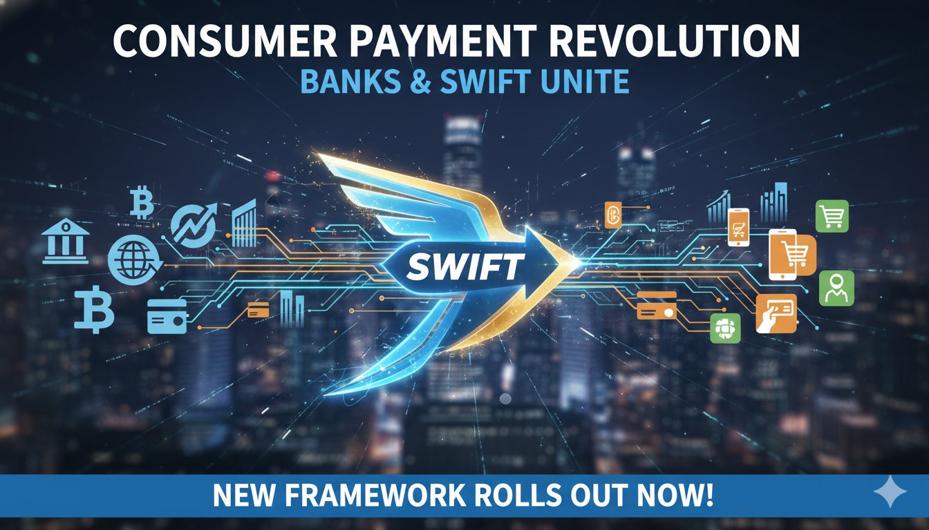 Global network of connected banks and digital payment flows representing Swift's new retail cross-border payments framework