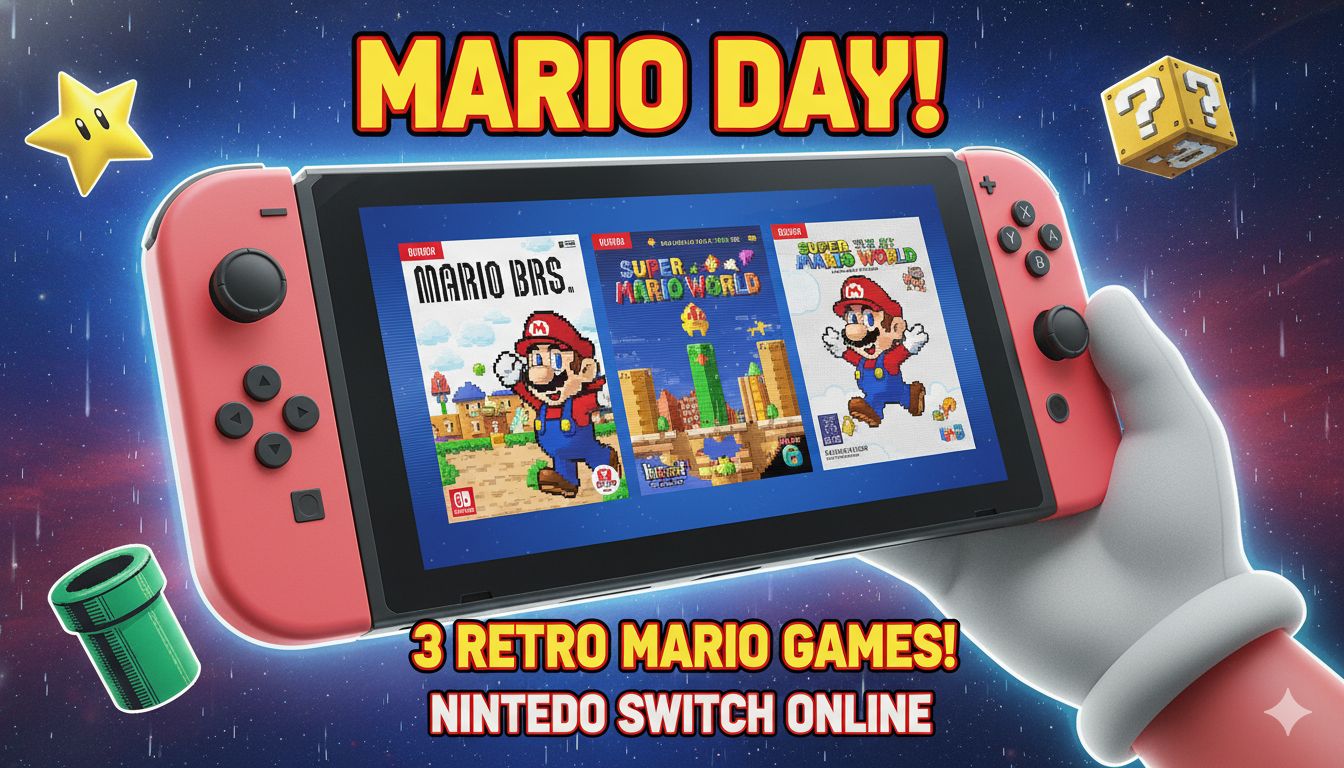 Classic retro Mario games including Mario's Tennis, Mario Clash, and Mario vs. Donkey Kong on Nintendo Switch Online for Mario Day