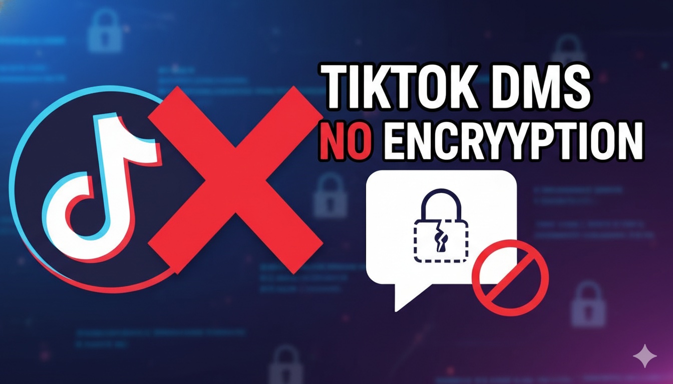 Illustration of a locked messaging chat bubble on TikTok app interface with a red prohibition sign over an encryption shield