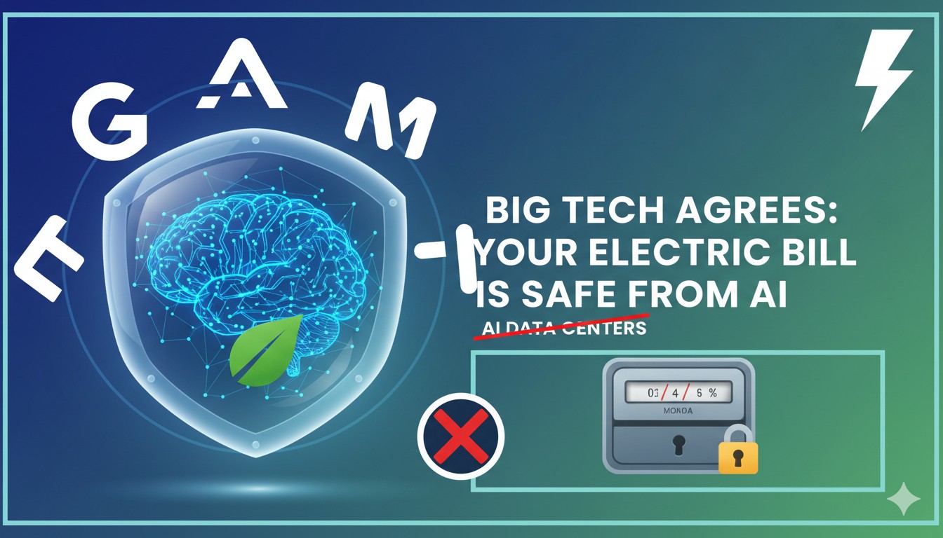 Alt Text for featured image : Illustration of modern AI data center servers with glowing energy connections and a shield protecting a household electric bill