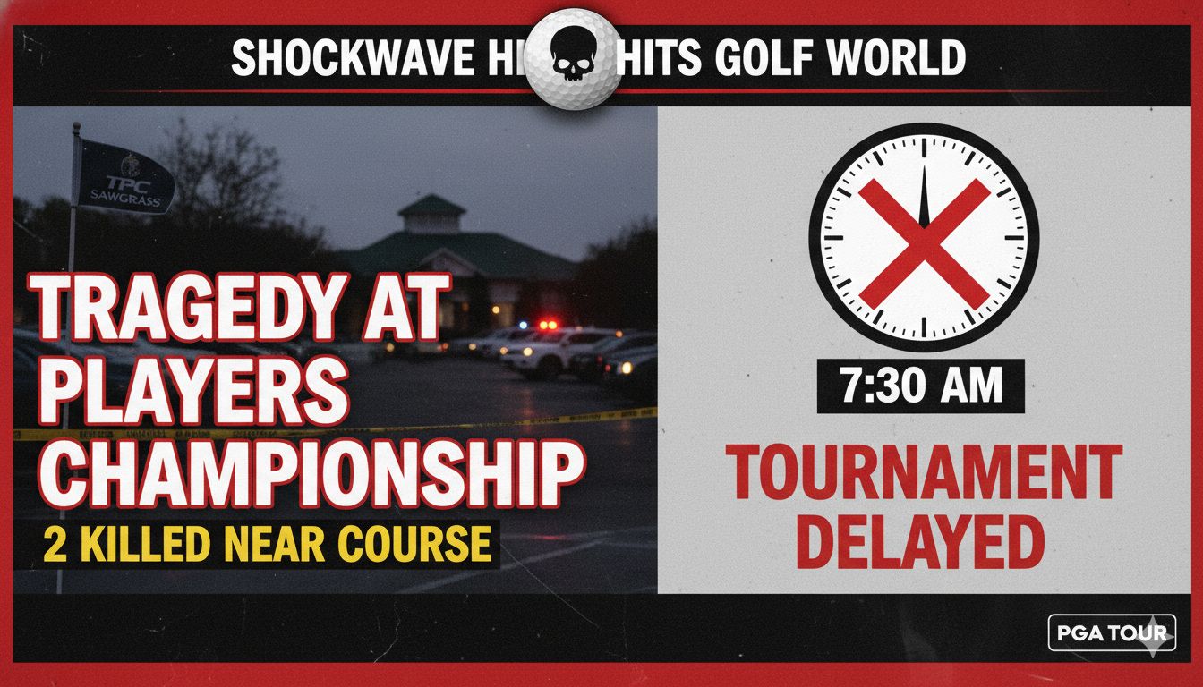 Alt Text for featured image : Police vehicles and caution tape at a parking lot near TPC Sawgrass following a fatal shooting incident during The Players Championship