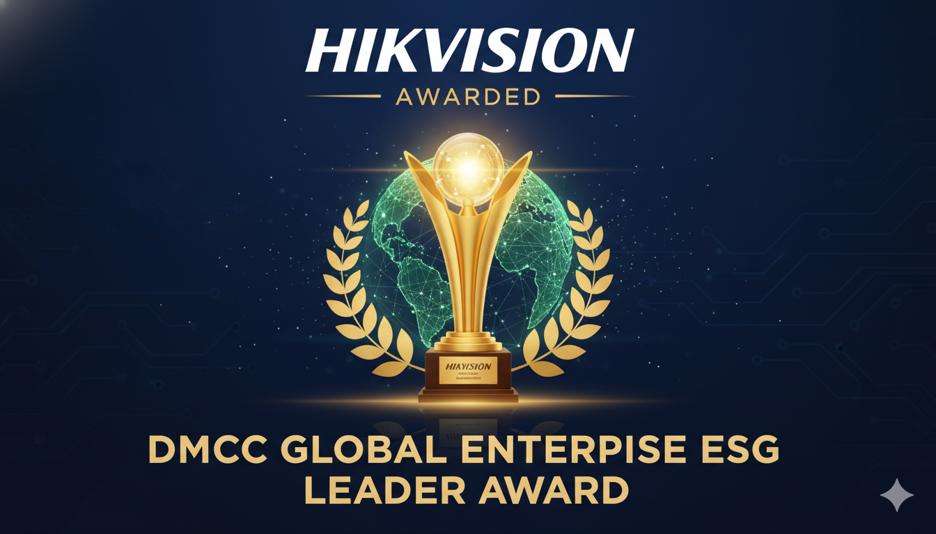 Alt Text for featured image : Hikvision logo with DMCC Global Enterprise ESG Leader Award trophy symbolizing sustainability recognition