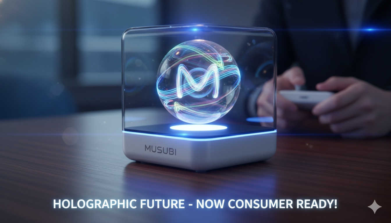 Alt Text for featured image : Looking Glass Musubi 7-inch holographic digital photo frame displaying a 3D hologram of a family portrait without glasses