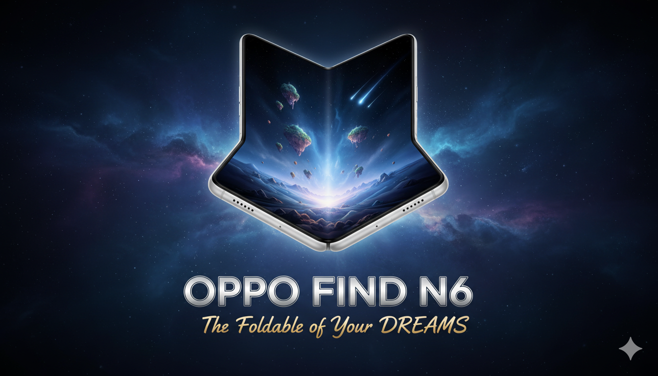 Alt Text for featured image : Oppo Find N6 foldable smartphone unfolded showing large crease-free inner display and slim profile