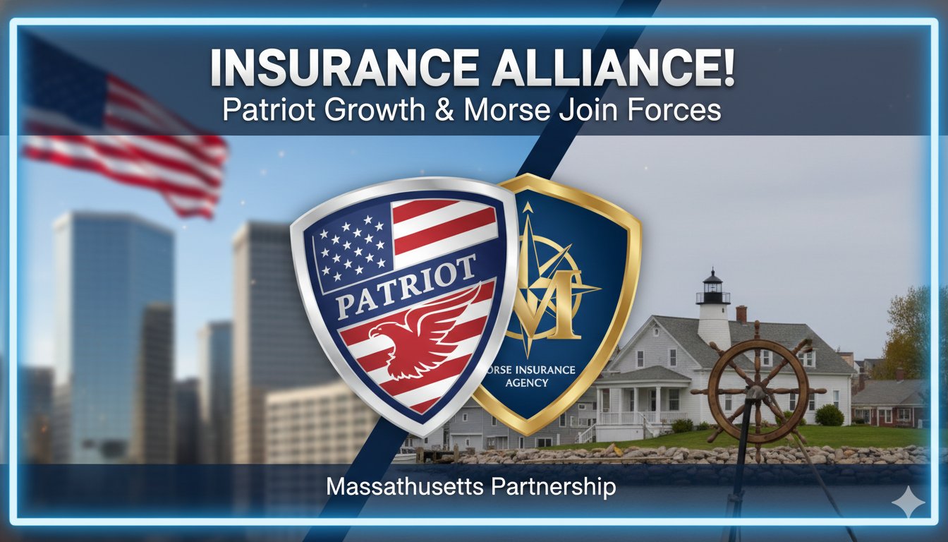 Alt Text for featured image : Professional handshake between insurance executives representing Patriot Growth Insurance Services and Morse Insurance Agency partnership announcement.