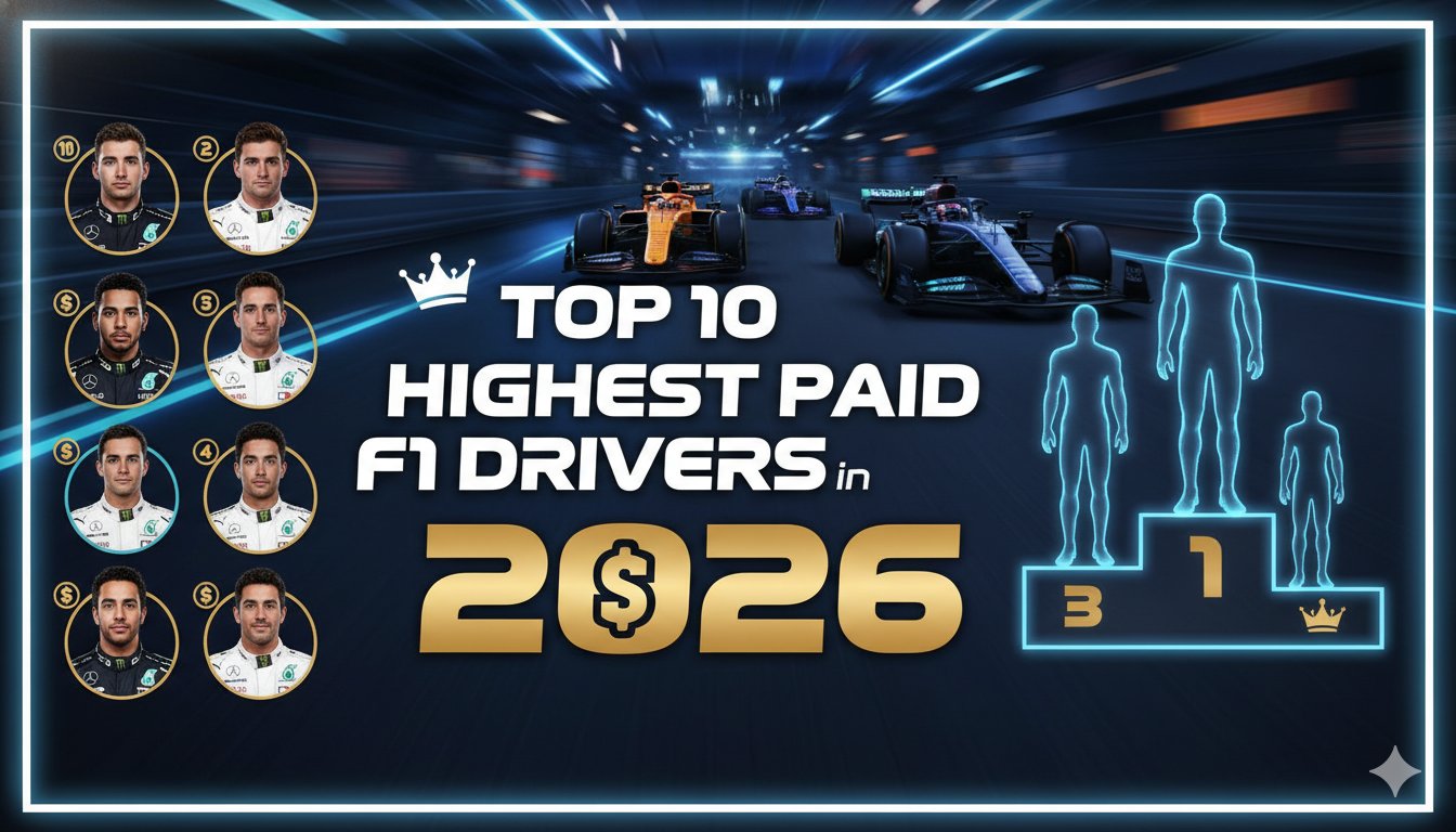 Collage of the top 10 highest-paid Formula 1 drivers in 2026 posing in their team cars, featuring Max Verstappen and Lewis Hamilton prominently.