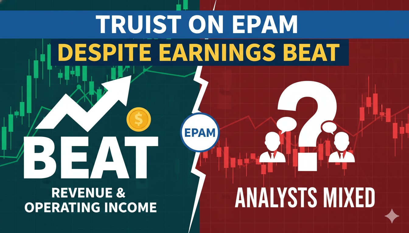 Stock chart of EPAM Systems with analyst price target adjustment overlay showing Truist Hold rating and lowered target.
