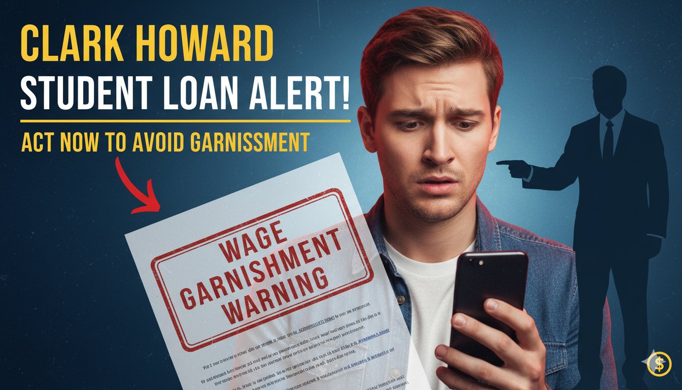 Illustration of a worried borrower looking at student loan documents with a paycheck showing garnishment deduction in the background.