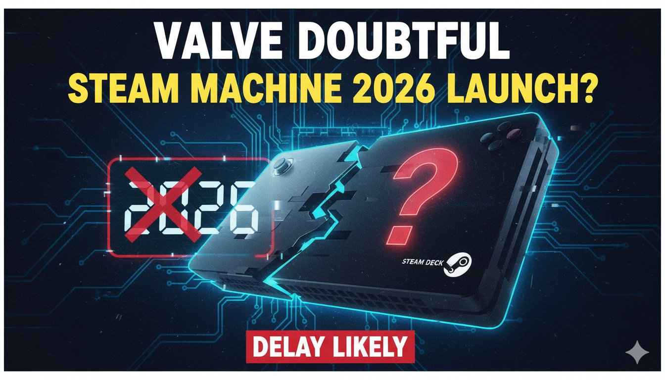 Valve Steam Machine compact gaming PC console concept with SteamOS interface on TV screen