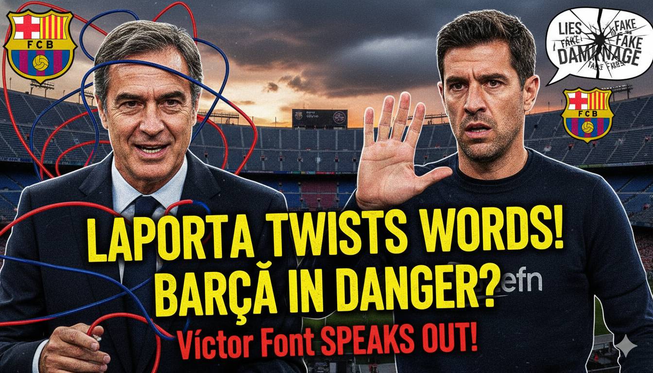 Víctor Font speaking at a press conference during his Barcelona presidential campaign, with Joan Laporta in the background.