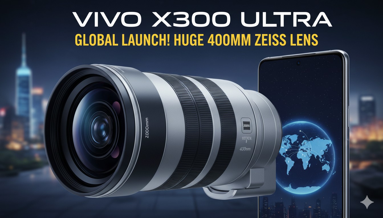 Vivo X300 Ultra smartphone with attached 400mm Zeiss telephoto extender lens on display at MWC 2026